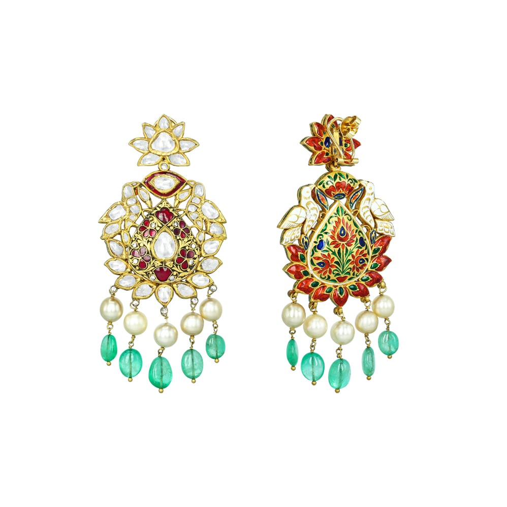 Polki Necklace Set with Red Stones, Emerald Beads, and Pearls